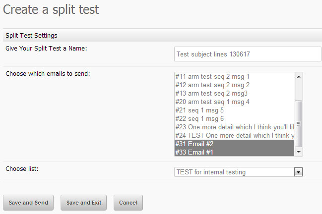 Select messages to test and a list to send them to.